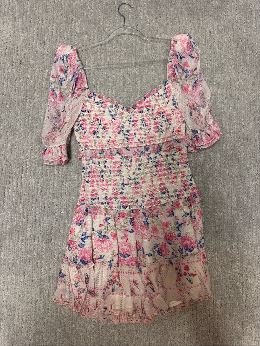 HEMANT & NANDITA Pink and Blue Floral Smocked Mini Dress